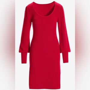 Red Scoop Neck Long Sleeve Sweater Dress